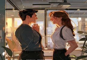 职场情感故事插图，现代办公室环境中两人相视而笑，丝袜小说职场心动题材的标志性场景